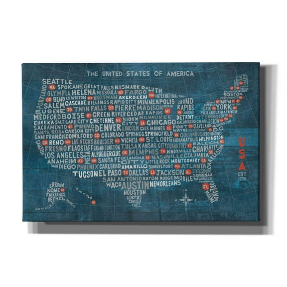 Epic Graffiti 'US City Map on Wood Blue' by Michael Mullan, Canvas Wall Art, 26"x18"