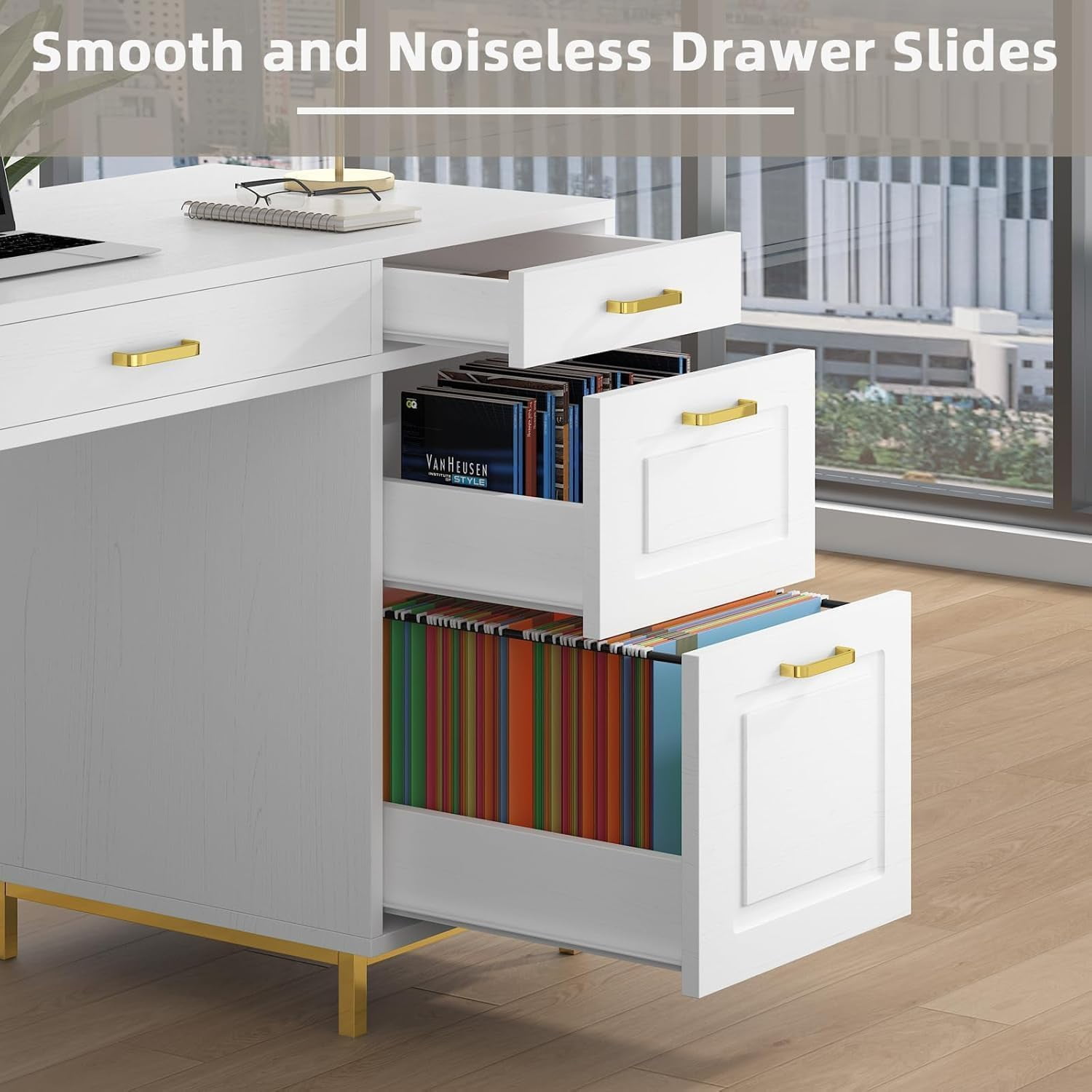DreamCurship 57" Computer Desk with Storage, White and Gold with 7 Drawers, Executive Desk with File Drawers, Home Office Desk for Home Office, White and Gold