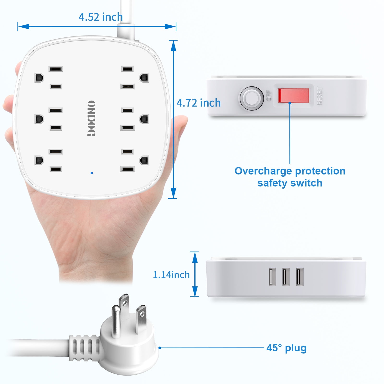 ONDOG 6ft Flat Plug Extension Cord- Power Strip Surge Protector with 6 Outlet Extender and 3 USB Ports, ETL Listed