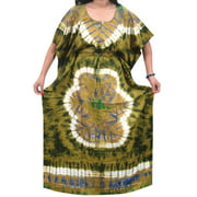 Mogul Women's Maxi Caftan Tie Dye Print Green Cotton Kimono Sleeves Kaftan XXXL