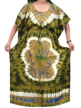 Mogul Women's Maxi Caftan Tie Dye Print Green Cotton Kimono Sleeves Kaftan XXXL