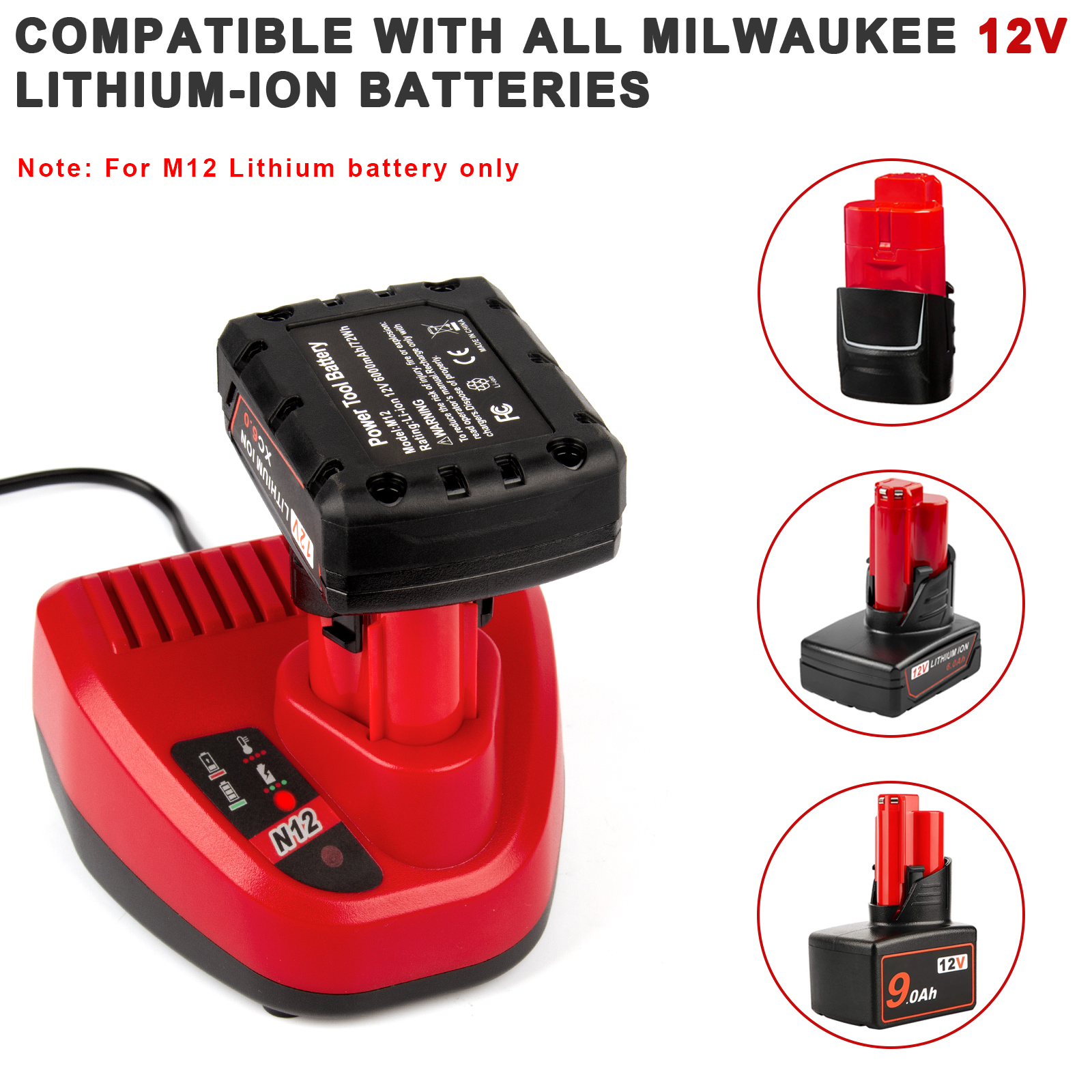 6000mAh 12V Battery for Milwaukee M-12 12-Volt Lithium Battery 48-11-2440  48-11-2411 48-11-2410 Replacement 48-59-2401 for Milwaukee 12Volt M-12 Battery  Charger