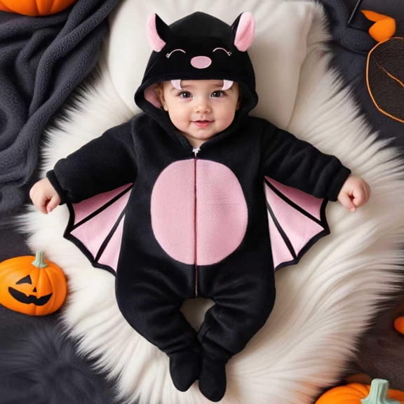 FASHOFT Baby Boy Halloween Outfit Cute Long Sleeve Bat Cosplay Hooded Romper Jumpsuit For Holiday Party Dress Up Outfit Toddler Halloween Black 0-1 Months