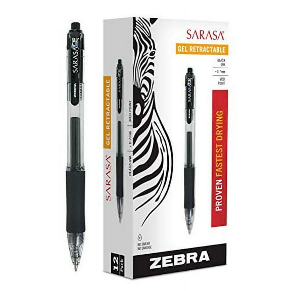 Zebra Sarasa Retractable Gel Ink Pens, Medium Point 0.7mm, Black, Rapid Dry Ink, 12-Count (Renewed)