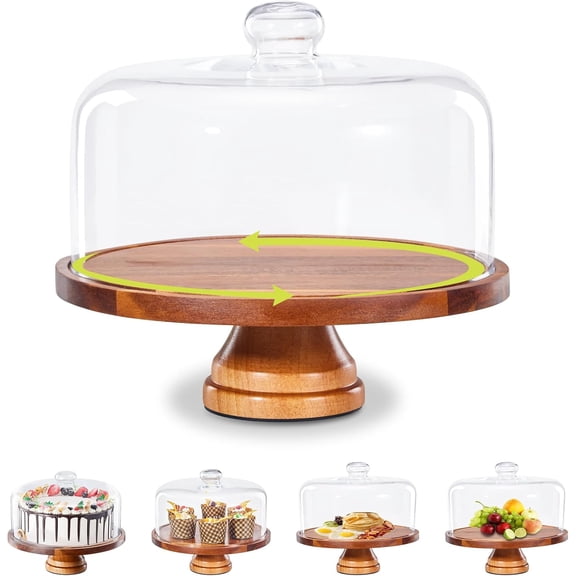 Glass Cake Stand with Lid,11in Wooden Rotating Cake Stand with Dome Cover, Cake Plate Display Server Tray for Birthday Kitchen Party