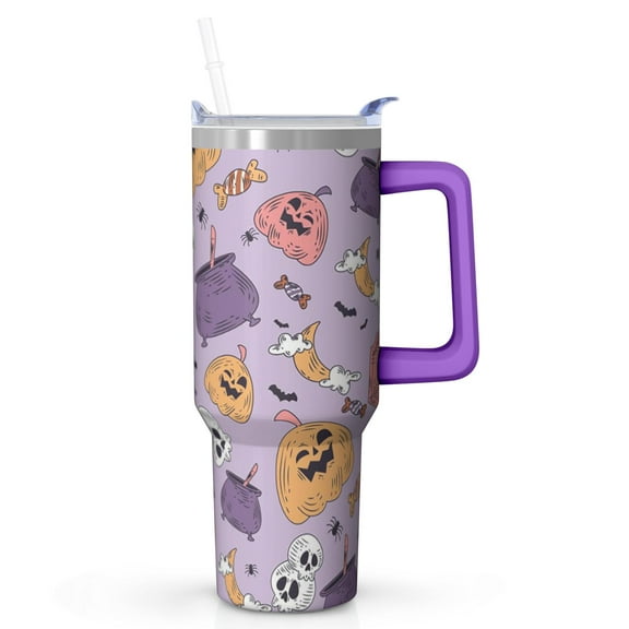 40oz Halloween Tumbler with Straw and Lid Skeleton Bat Travel Coffee Tumbler Cup with Handle for Halloween Birthday Gifts