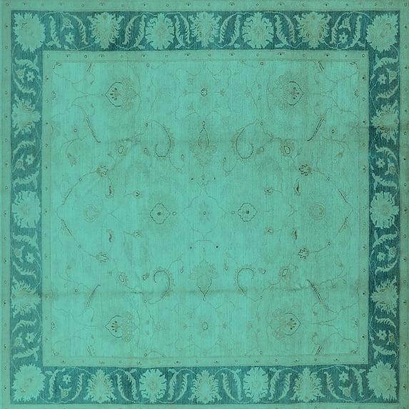 Ahgly Company Machine Washable Indoor Square Oriental Turquoise Blue Industrial Area Rugs, 8' Square