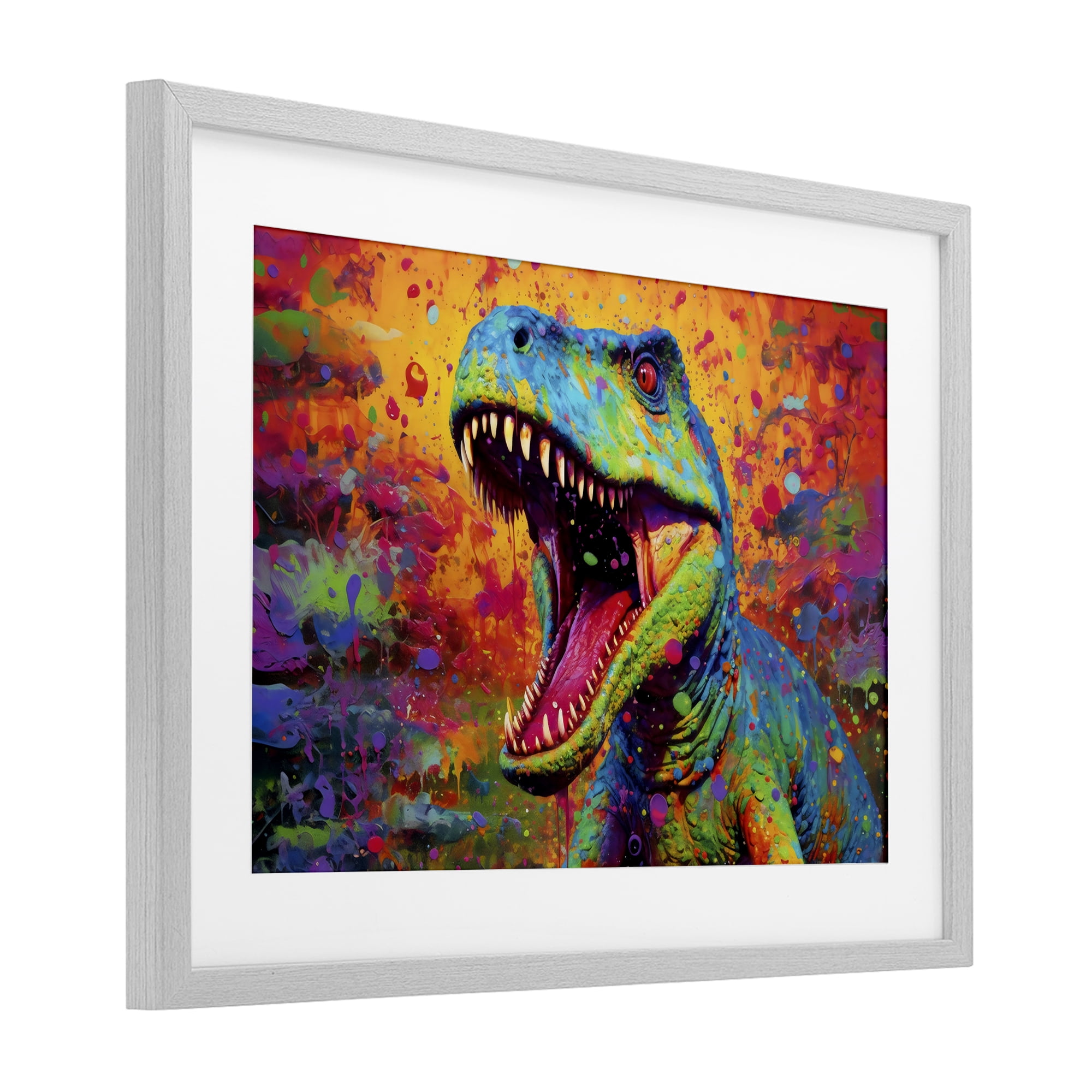 Stupell Industries Colorful T-Rex with Splatter Gray Framed Print Under Glass, design by Creative Studio