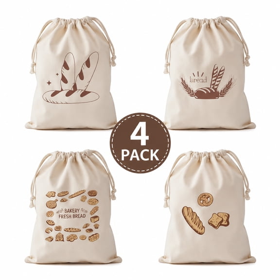 Organic Cotton Beeswax Bread Bags 4 Pack, Reusable Food Storage for Bakery