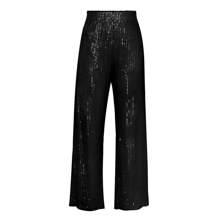 RYRJJ Women's Glitter Sequin Long Loose Pants Bling Party Clubwear Elastic  High Waist Casual Wide Leg Palazzo Pant Trousers Black S