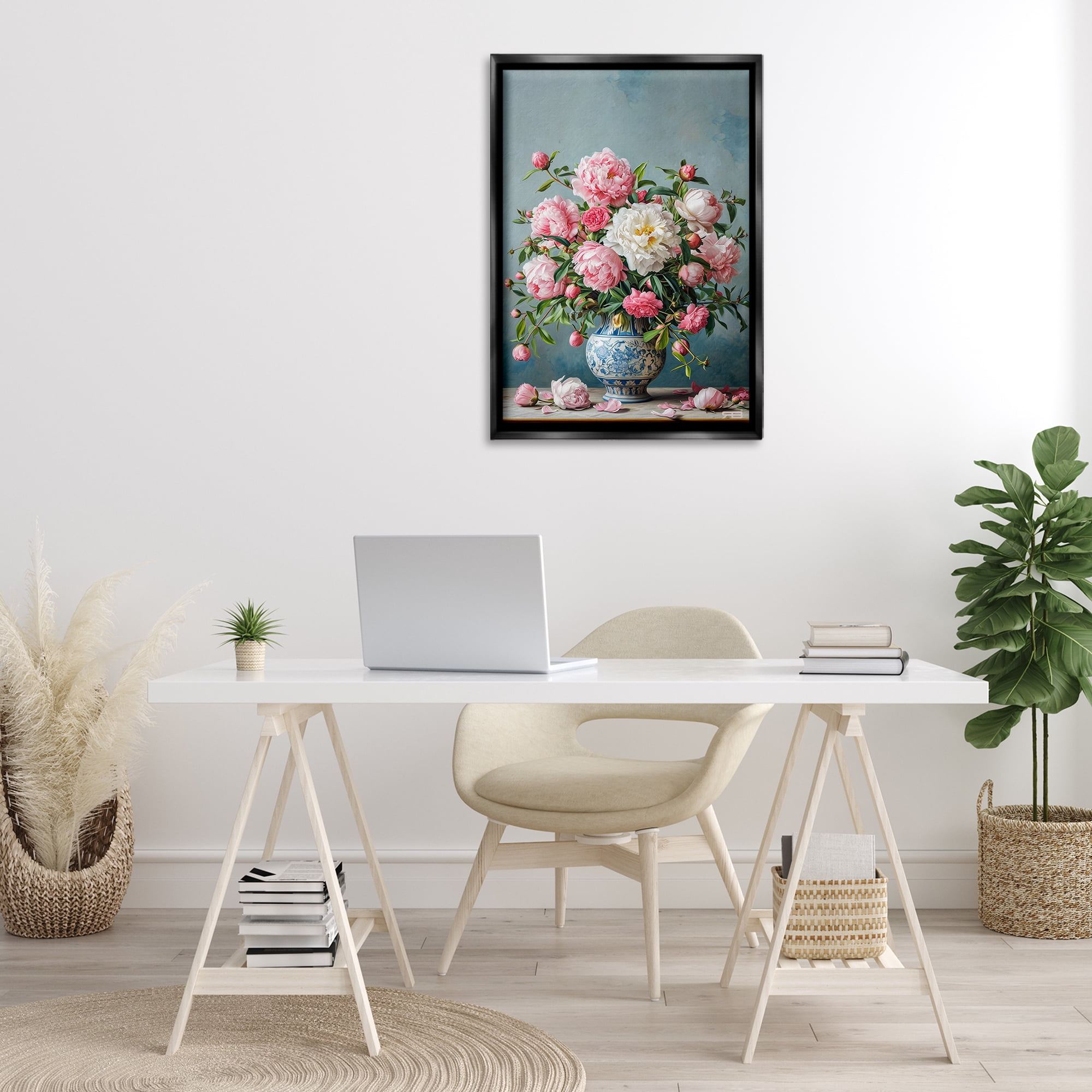 Stupell Industries Full Peonies Vase Botanical & Floral Painting Black Floater Framed Art Print Wall Art, 21 x 31
