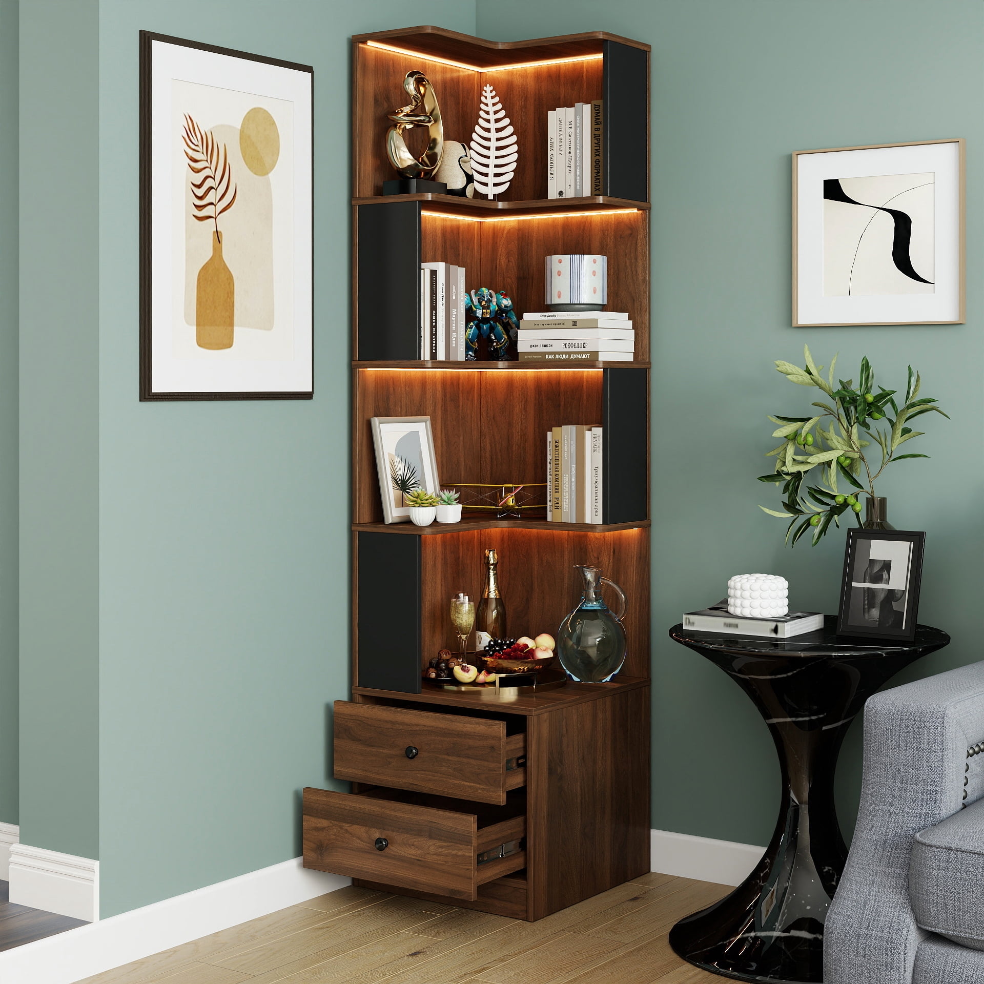 Corner Bookshelf with Drawers, 4-Tier Corner Bookshelf Bookcase with Baffle, Freestanding L Shaped Display Shelf Stand with Led Lights for Home Office, Living Room, Bedroom, Kitchen