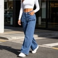 thumbnail image 5 of Women's High Waist Jeans Seam Detail Loose Wide Leg Denim Pants with Ruffled Pockets Vintage Washed Y2K Casual Streetwear Jean Trousers Blue, 5 of 7