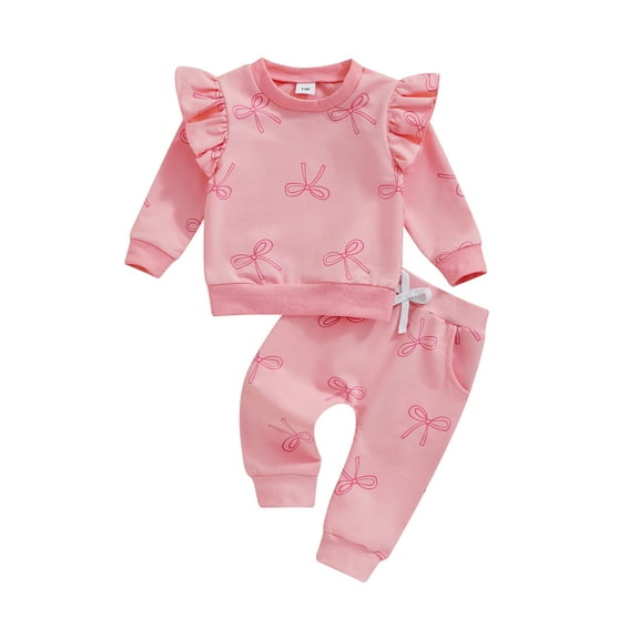 Suealasg Toddler Girls 2Pcs Fall Outfits Long Sleeve Crew Neck Bow Print Sweatshirt Sweatpants 6M 1T 2T 3T Infant Baby Girls Tracksuit Clothes