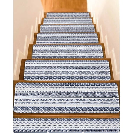 Blue Boho Stripes Stair Treads for Wooden Steps Indoor Runner Rug Carpet Minimalist Geometric Tribal Ethnic 4 Pieces Peel and Stick Staircase Step Treads Covers Washable Throw Door Mats 30 x8
