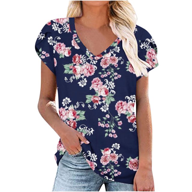 Pntutb moda mujer Casual pétalo manga manga corta cuello en V impreso tops blusa Pntutb Pntutb-5147