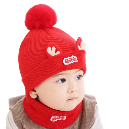 

Hat For Kids Baby Kids Boy Girl Pompom Hat Winter Warm Knit Bobble Beaniess Cartoon Cap Scarf Set
