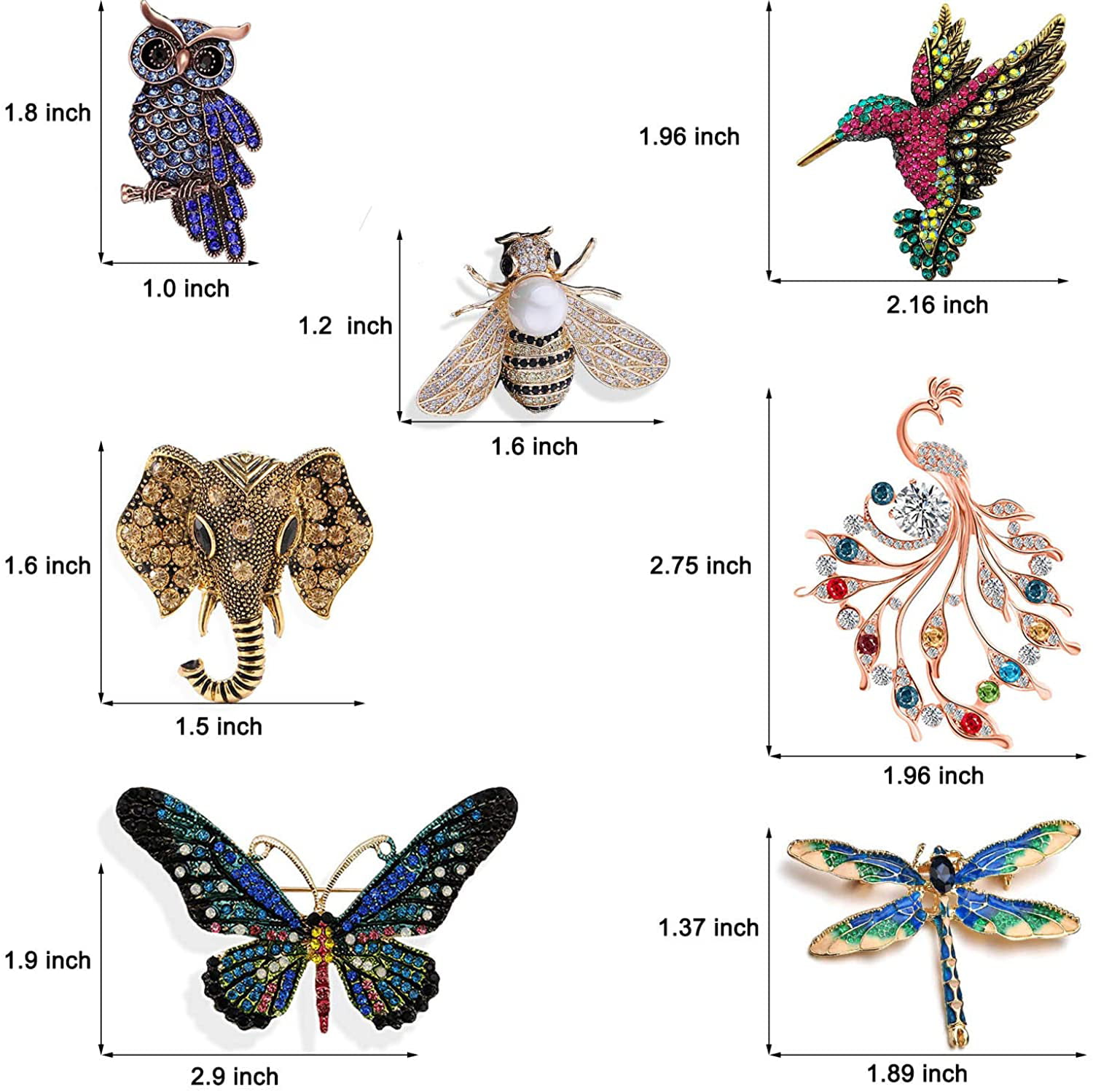 12 Pieces Women Brooch Set Rhinestone Animal Pin Crystal Vintage with Hummingbird Owl Elephant Peacock Bee Insect Brooch Pin Animal Shape Brooch Pins Butterfly Pin for Women Girls 