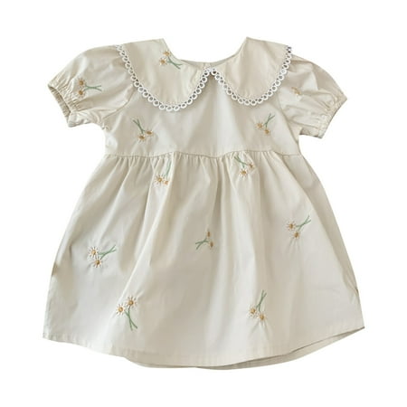 

ZRBYWB Girls Romper Summer Embroidered Lapel Lace Short Sleeve A Line Knee Length Dress For 0 To 6 Years Baby Clothing