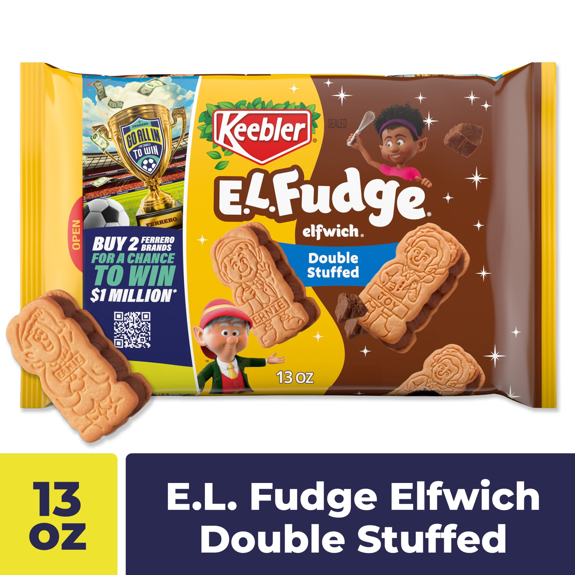 (12 pack) Keebler E.L. Fudge Double Stuffed Elfwich Cookies, Sandwich Cookies Stuffed with Crème Filling, 13 oz