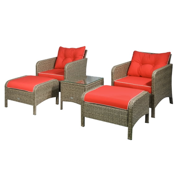 Rattan Patio Conversation Set - 5 Piece Outdoor Furniture with Cushions & Glass Table - Brown Wicker Chairs & Ottomans for Patio, Deck, Garden
