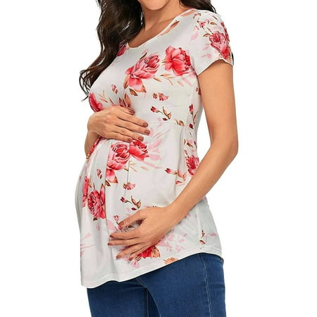 

HANXIULIN Women s Maternity Nursing Tops Breastfeeding Floral Printed Top Shirt Double Layer Soft Short Sleeve Crew Neck Blouse Pregnancy Clothes Pink XXL