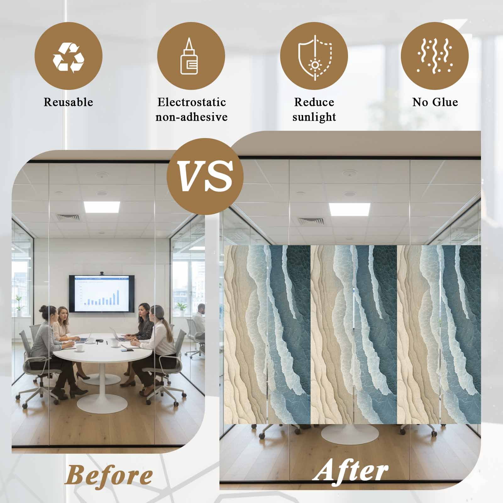 Blue Beige Window Privacy Film, Gradient Sea Wave Beach Abstract Seaside Sand Frosted Glass Window Clings Static Cling UV Heat Blocking Reusable Door Sticker for Bathroom 23.6 x 59 Inch