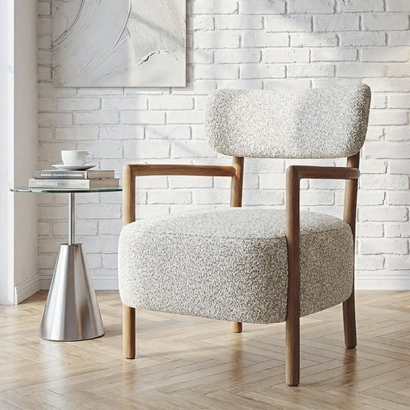 Gericco Modern Accent Chair Armchair, Boucle Upholstered Chair with Wooden Arms for Living Room, Bedroom – Fully Assembled, Beige