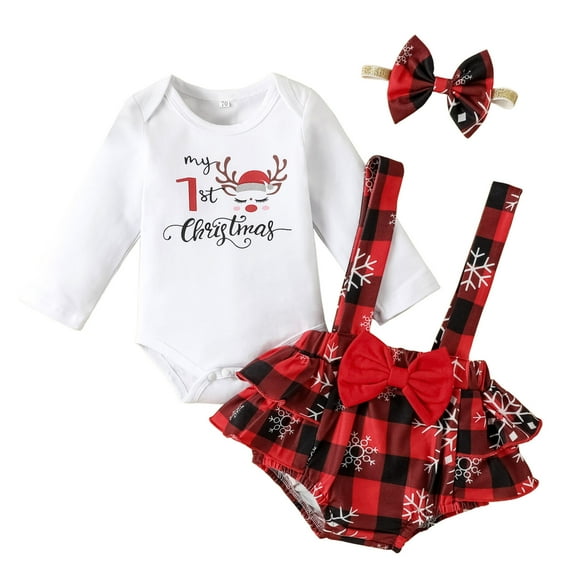 Mercatoo Baby Girl Christmas Outfits Long Sleeve Romper and Suspenders Plaid Skirt with Headband 1st Christmas Outfits Set