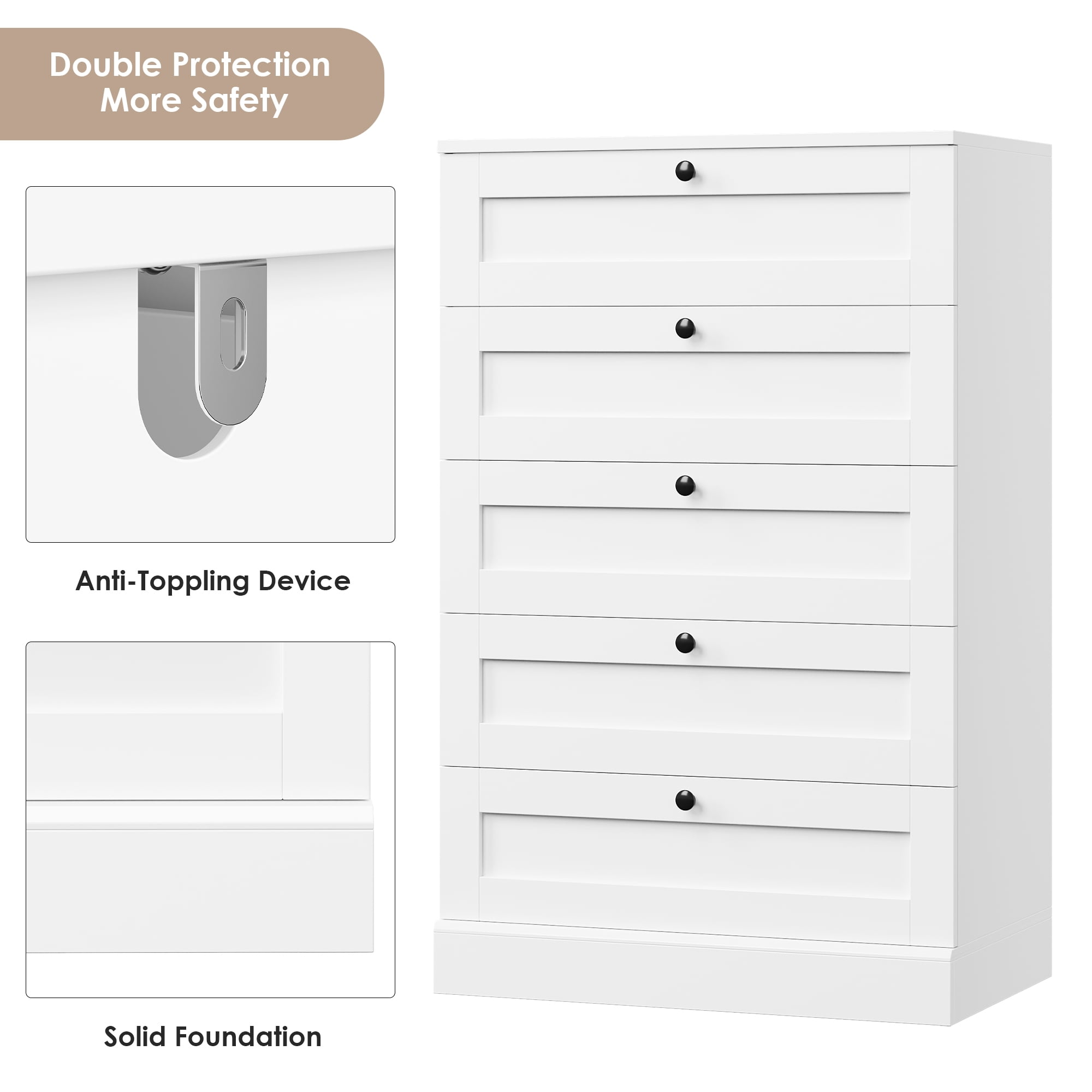 Homfa 5 Drawer Dresser, Tall White Dresser for Bedroom, Vertical Dresser Drawer Unit Wood Organizer for Living Room Entryway Small Spaces