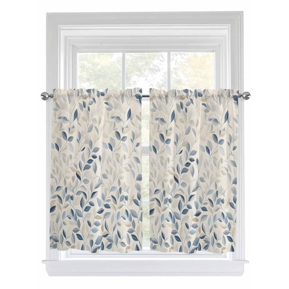 Tier Curtains 45 Inches Long, Blue Botanical Window Treatment Curtain Drapes, Farmhouse Spring Summer Plant Small Curtain Drapes for Bathroom Laundry Room, 27.5"x45", 2 Panels