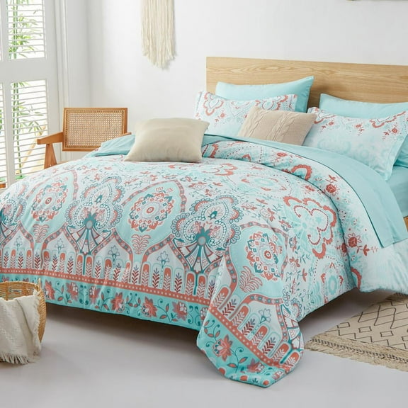 Davulos Queen Comforter Set 7 Piece Bed in a Bag , Floral Complete Bedding Set for All Season Breathable Bohemian Comforter with Sheets for Women, Room Decor