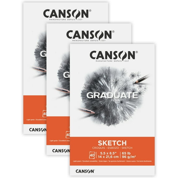 Canson Graduate Sketch Pad, Foldover Binding, 10 Sheet, 5.5x8.5 inch, Pack of 3