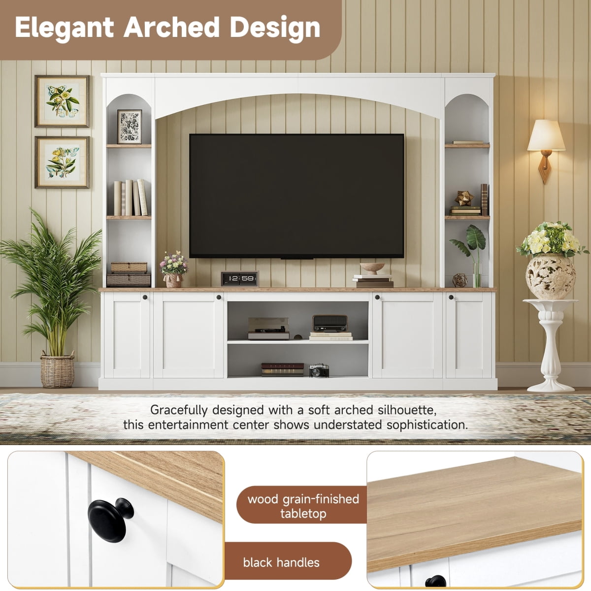 Luckynote Farmhouse TV Stand, Entertainment Center with Bookshelf, Arched Design Wood Grain for 70" TVs, 91 Inch Media Console with Adjustable Shelves, White