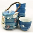 thumbnail image 2 of Ebros Japanese Design Maneki Neko Lucky Charm Cat Blue Tea Pot and Cups Set Serves 4, 2 of 3