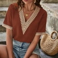 thumbnail image 2 of tklpehg Dressy Tops for Women V-Neck Crochet Lace Trim Patchwork Shirts Short Sleeve Tee Shirt Vintage Solid Color Summer Going Out Tops Lightweight Loose Blouses Casual Tshirt (Brown,XL), 2 of 8