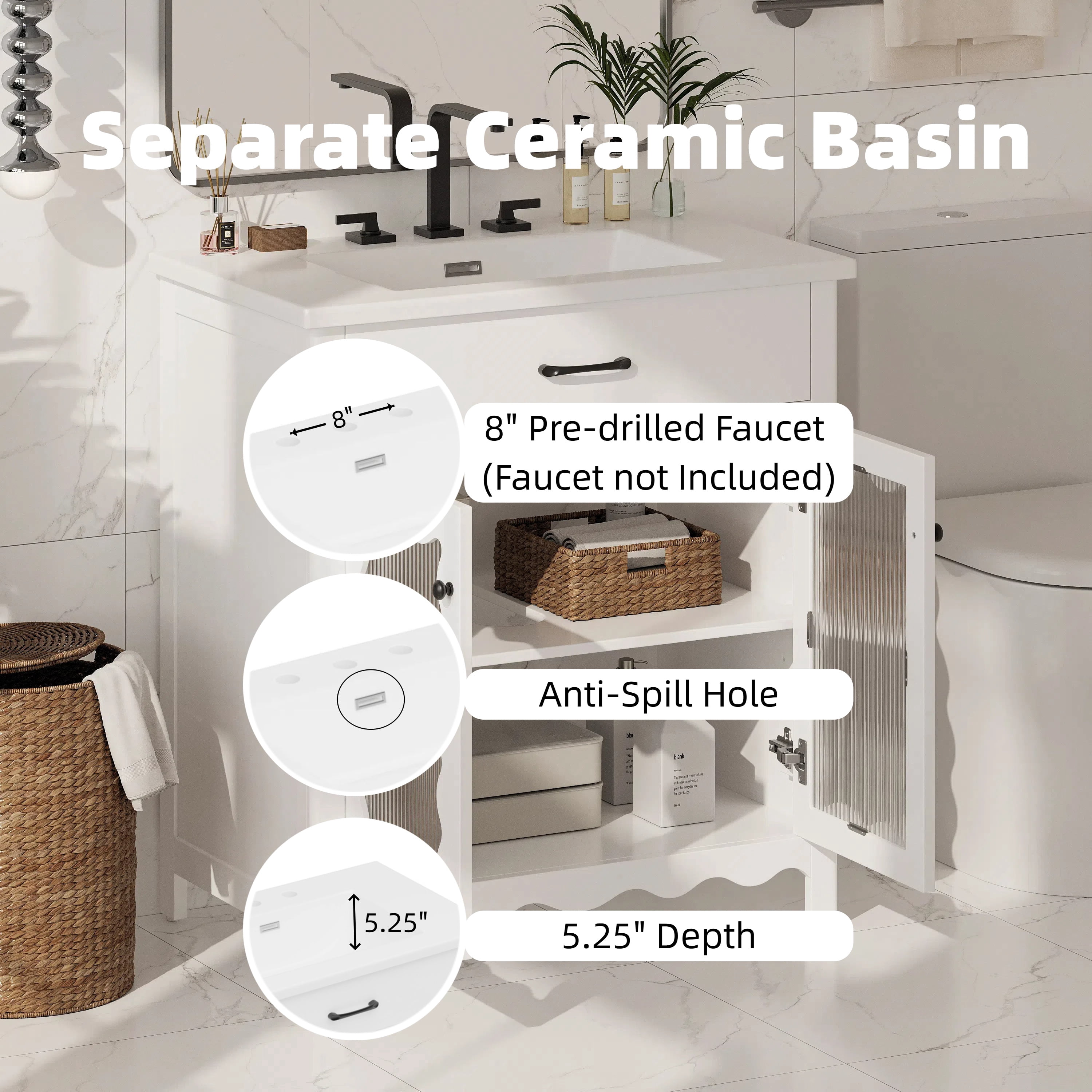 GARITIN Bathroom Vanity 31 Inch, Modern Bathroom Cabinet with Tempered Glass Doors and Rubber Wood Legs for Small Bathroom, White