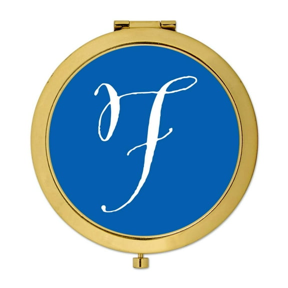 Koyal Wholesale Gold Compact Mirror Bridesmaid's Wedding Gift, Royal Blue, Monogram Letter F, 1-Pack