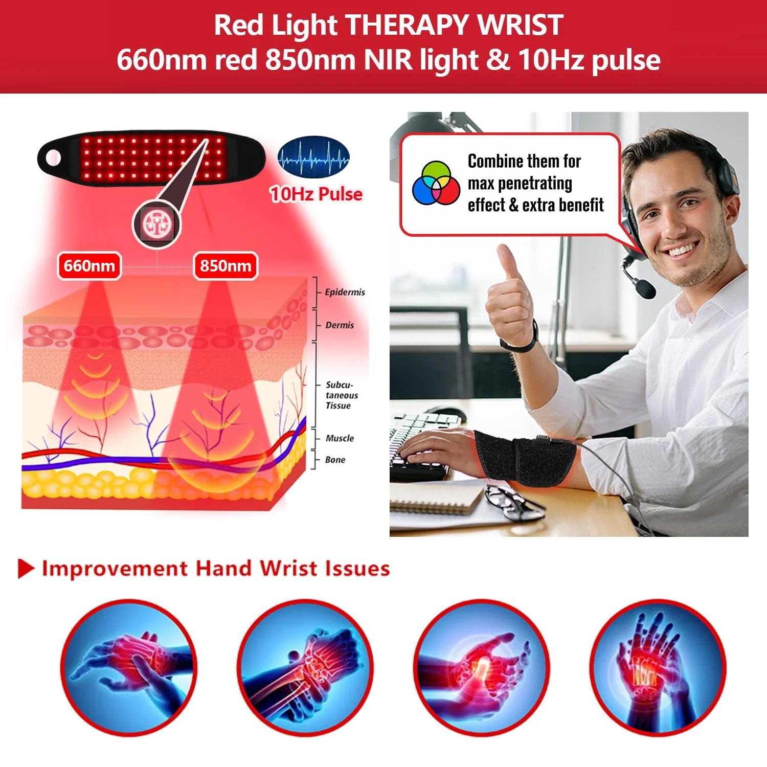 Red & Infrared Light Wrist Band, Flexible Support Wrap for Hands and Wrists