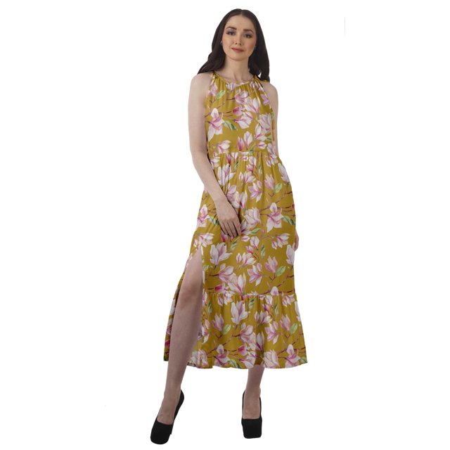 Moomaya Robe Imprimée Femme Fête Mariage Tenue de Soirée Col Halter Rayonne Robe Maxi
