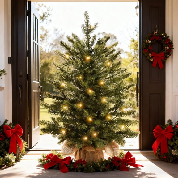 17.7" Artificial Potted Christmas Tree With Lights Pre-Lit Mini Christmas Tree With Led Lights Small Fake Spruce Tree Pine Cones Rechargeable Battery Operated(Green-45Cm)