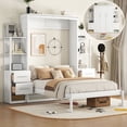 thumbnail image 3 of Solid Wood Bed Frame Murphy Bed Wall Bed with Shelves, Drawers and LED Lights, Platform Bed Frame, Mid Century Bedframe, Wood Foundation(White, Full), 3 of 9