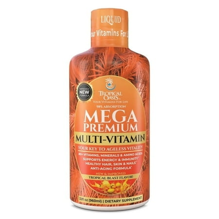 Tropical Oasis - Mega Daily Multivitamin | Premium Liquid Vitamin Supplement with 80+ Vitamins, Minerals & Amino Acids - Supports Energy, Immunity, Healthy Hair, Skin, & Nails | 32 fl oz, 32 Servings