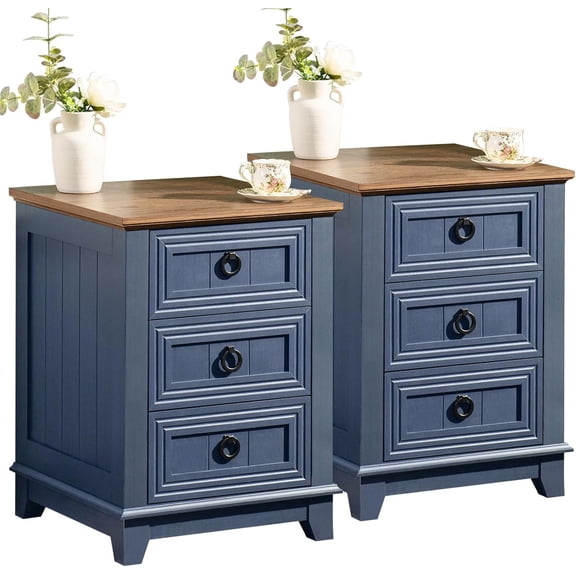 Nightstand Set of 2, Farmhouse 18 Inch End Table with 3 Drawer Metal Handle, Dresser for Bedroom, Sofa Bed Side Table Chest of Drawers,Wood Night Stand Cabinet for Organizer, Living Room