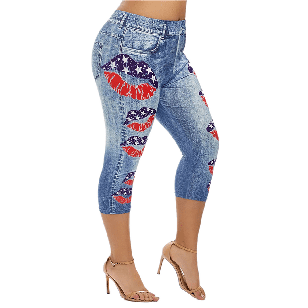LilyLLL LilyLLL Womens Plus Size Jeans Printed Jegging Capri Leggings