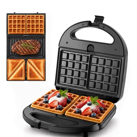 OSTBA 3 in 1 Panini Grill Press with 3 Removable Plates, Breakfast Sandwich Maker, Electric Griddle Panini Press, Belgian Waffle Maker for Sandwiches, Waffles, Steak, Black