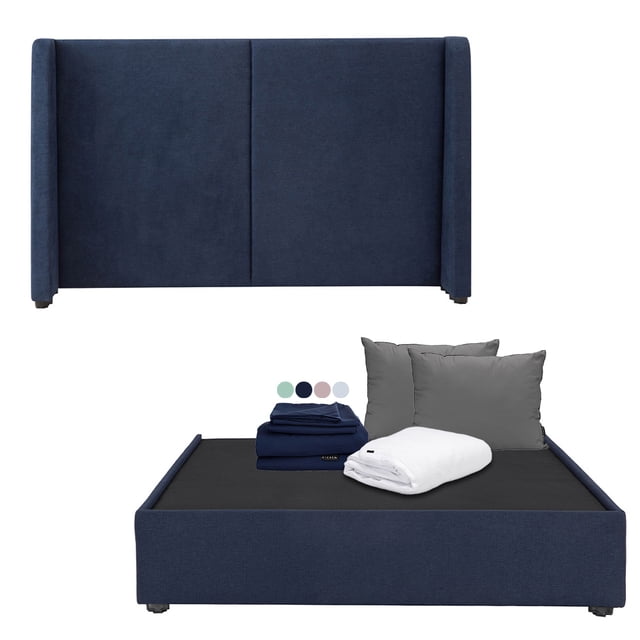 Box Base Cama Individual + Cabecera Milan Dicasa Azul Marino + Almohada 2Pack + Protector Cloud + Sábanas Softy