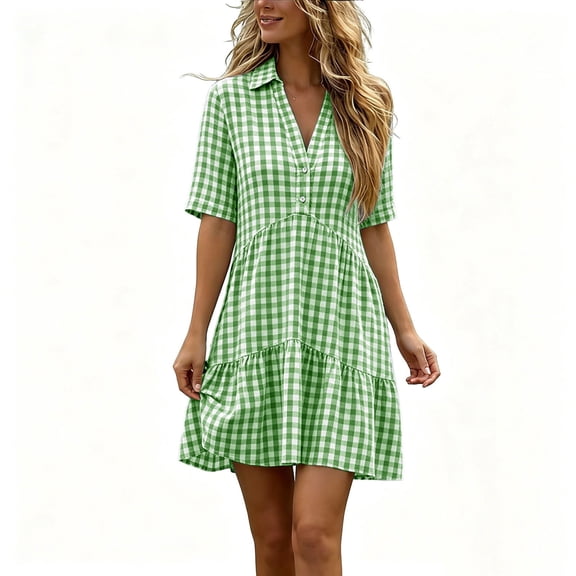 Efsteb Sumner Dresses for Women 2026 Button Collared V-Neck Plaid Tiered Short Sleeve Dress Casual Loose Fit Mini Dress (Green,XXL)
