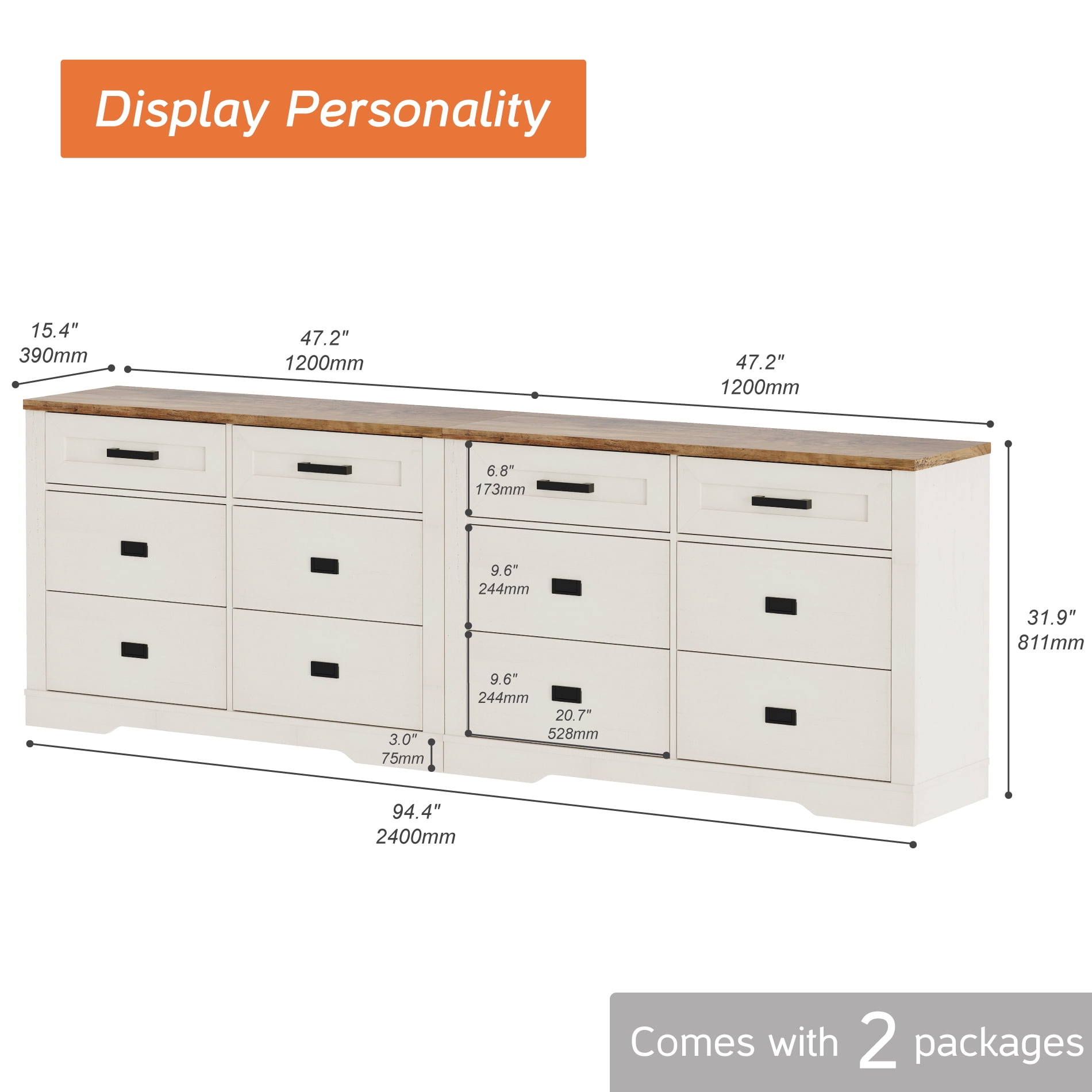WAMPAT 12 Drawer Dresser for Bedroom,Extra Long Wooden Dresser with Chest of Drawers,Modern Farmhouse Closet Storage Organizer with Pre-Assembled Drawer Glides for Living Room,Hallway,Antique White