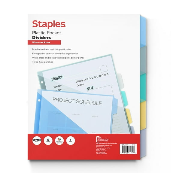 Staples Write & Erase Plastic Dividers with Pockets Multicolor 5-Tabs (ST63074)